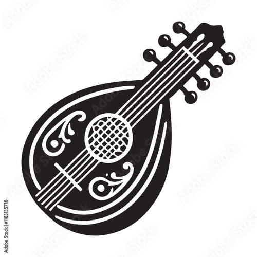 Lute Silhouette Vector Illustration, Solid White Background.