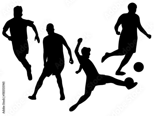 Silhouette soccer sport person. Football player run kick practice silhouettes. Soccer match ball silhouette. Football match game dribbling passing. Set of people soccer silhouette vector illustration. photo