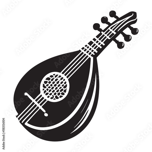 Lute Silhouette Vector Illustration, Solid White Background.
