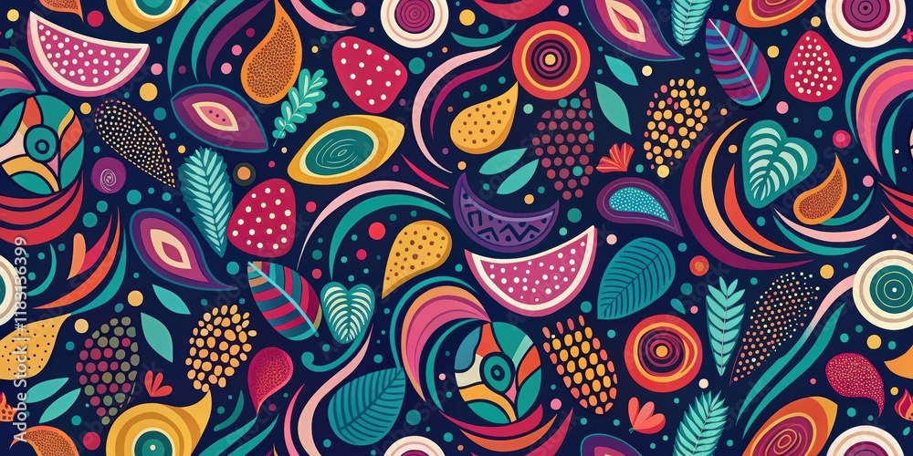 Vibrant Abstract Floral and Fruit Pattern Design Featuring Bold Colors and Organic Shapes Vibrant Abstract Floral and Fruit Pattern Design Featuring Bold Colors and Organic Shapes