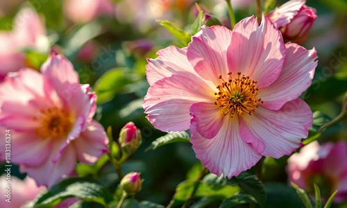 3D Animation of A close-up of a pink flower with a yellow center. Video background