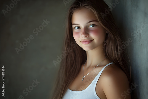 Portrait of a Young Woman with Radiant Skin and Long Hair in Soft Lighting