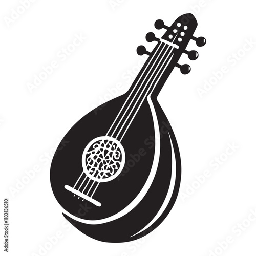Lute Silhouette Vector Illustration, Solid White Background.