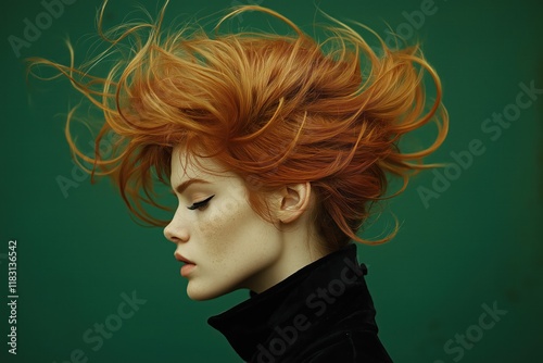 Striking, androgynous individual with a bold, sculptural hairstyle, captured in a dynamic, expressive pose against a rich, emerald green backdrop.  photo