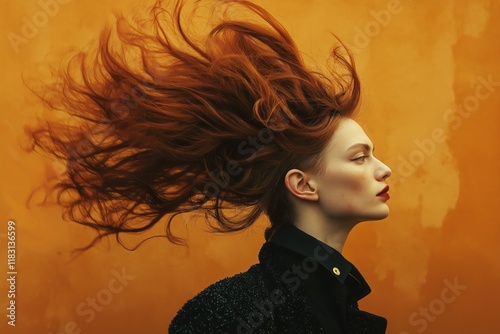 Striking, androgynous individual with a bold, sculptural hairstyle, captured in a dynamic, expressive pose against a rich, ochre-colored backdrop.  photo