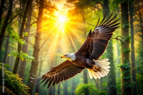 Majestic Bald Eagle Soaring Through Lush Forest Canopy - Wildlife Stock Photo