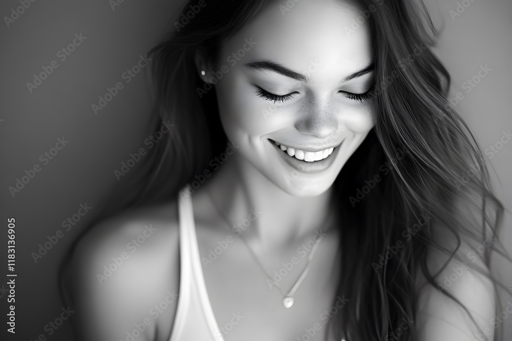 Stunning Monochrome Close-Up of a Young Woman Smiling with Closed Eyes, Featuring Freckles, Delicate Jewelry, and Flowing Hair – Perfect for Stock Photography Stunning Monochrome Close-Up of a Young Woman Smiling with Closed Eyes, Featuring Freckles, Delicate Jewelry, and Flowing Hair – Perfect for Stock Photography