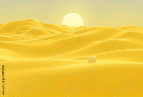 A single white orb sits on a yellow sand dune under a bright sun.