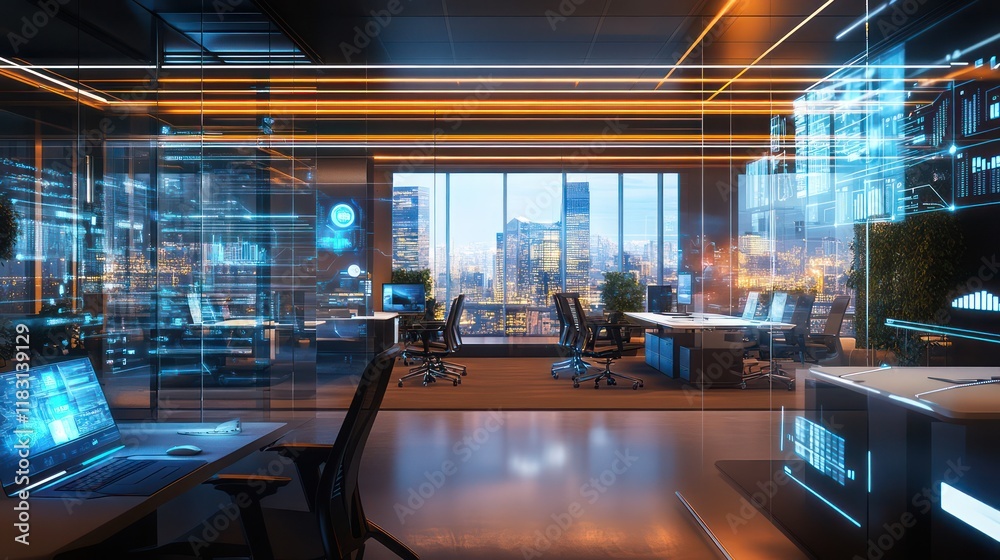 A high-tech corporate office with virtual presentation tools, interactive holograms, and seamless connectivity for business teams A high-tech corporate office with virtual presentation tools, interactive holograms, and seamless connectivity for business teams