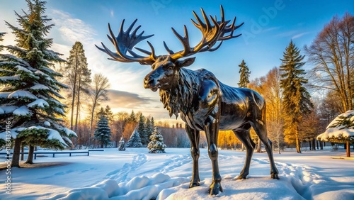 Majestic Black Wrought Iron Moose Sculpture in a Snowy Bashkirian Park photo