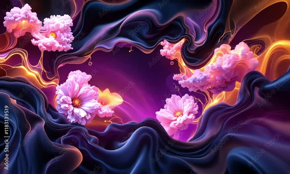 3D Animation of A digital illustration of a space scene with swirling patterns, flowers, and particles. Video background