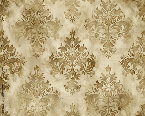Vintage Light Beige Damask Pattern Background with Soft Neutral Tones and Paper Texture
