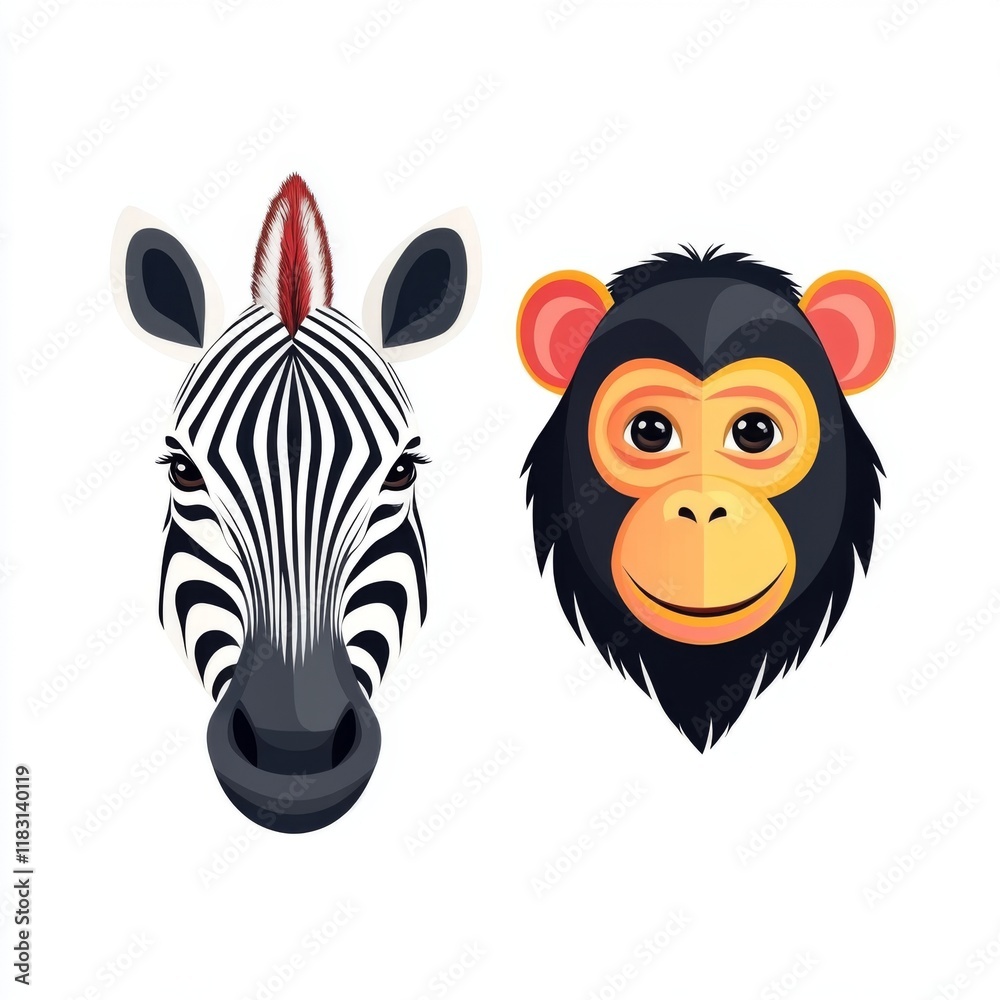 Fototapeta premium Playful zebra and monkey illustrations wildlife art digital graphics vibrant colors close-up fun animal characters