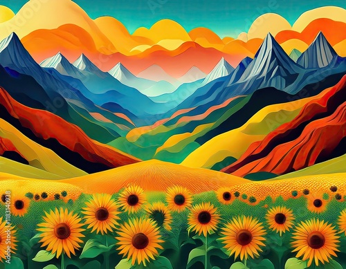Landscape with mountains and river in abstract style with sunflowers