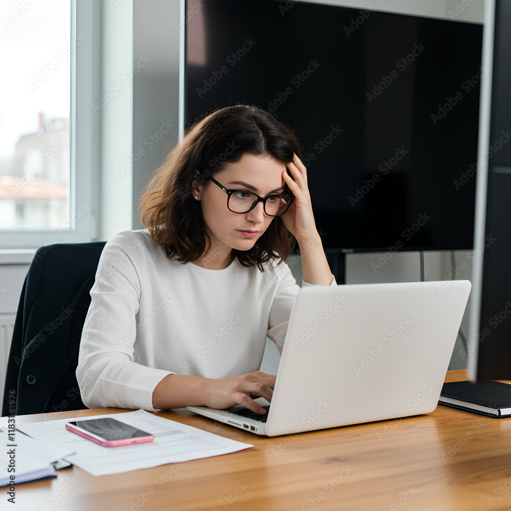 A focused woman wearing glasses, working on a laptop at a desk with documents and a smartphone. A focused woman wearing glasses, working on a laptop at a desk with documents and a smartphone.