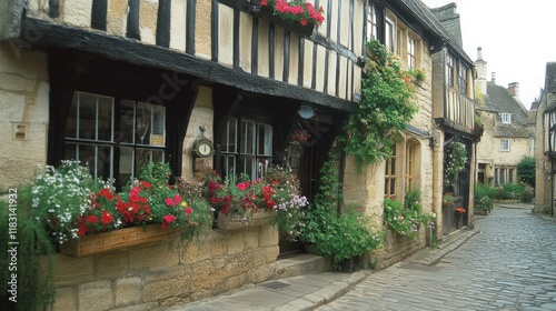 Fototapeta Naklejka Na Ścianę i Meble -  Quaint Tudor-style house with ornate wooden beams, flower boxes in the windows, and a cobblestone street in the foreground 