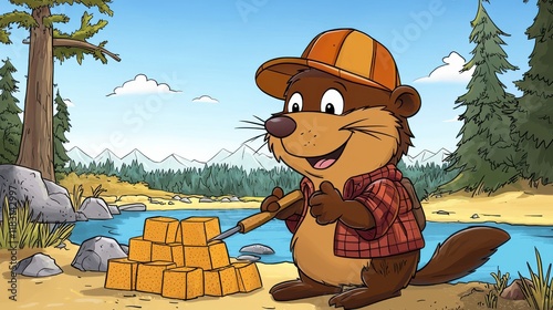 Cartoon beaver building a candy dam by the river animated scene colorful environment fun concept for kids photo