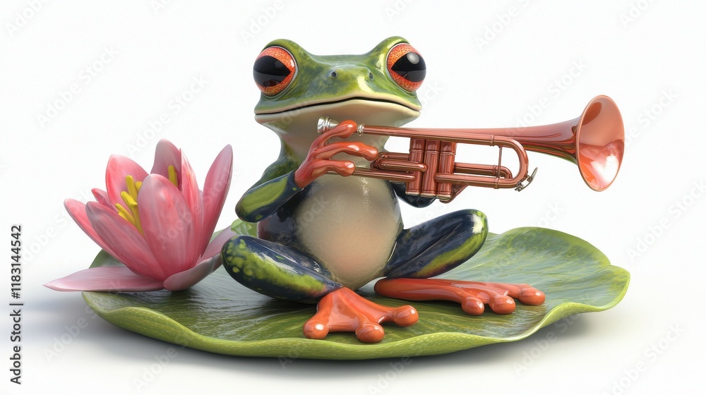 Obraz premium Trumpet-playing cartoon frog sitting on a lily pad digital illustration nature setting close-up view whimsical concept