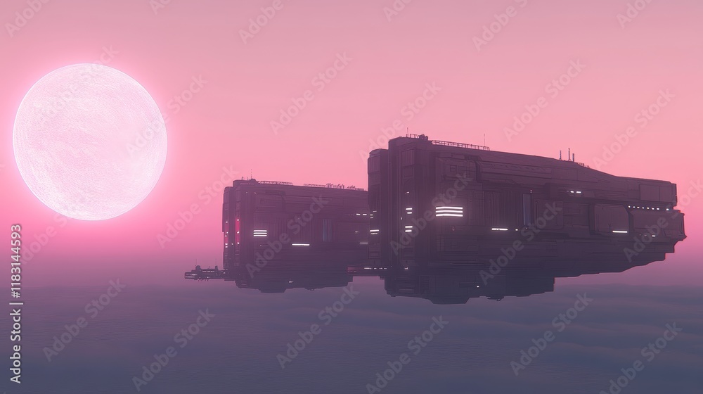 Fototapeta premium Twin Spaceships Orbiting Pink Planet at Sunset