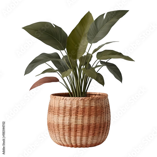 Woven plant pot on transparent background. Eco-friendly and stylish basket. Warm, earthy tones. Front view. Rattan, wicker home accessory