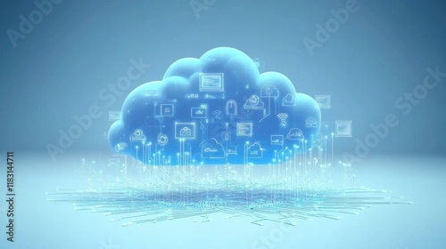 Cloud Computing Network: A futuristic depiction of a cloud computing network, showcasing data storage and connectivity.  The image features a translucent.