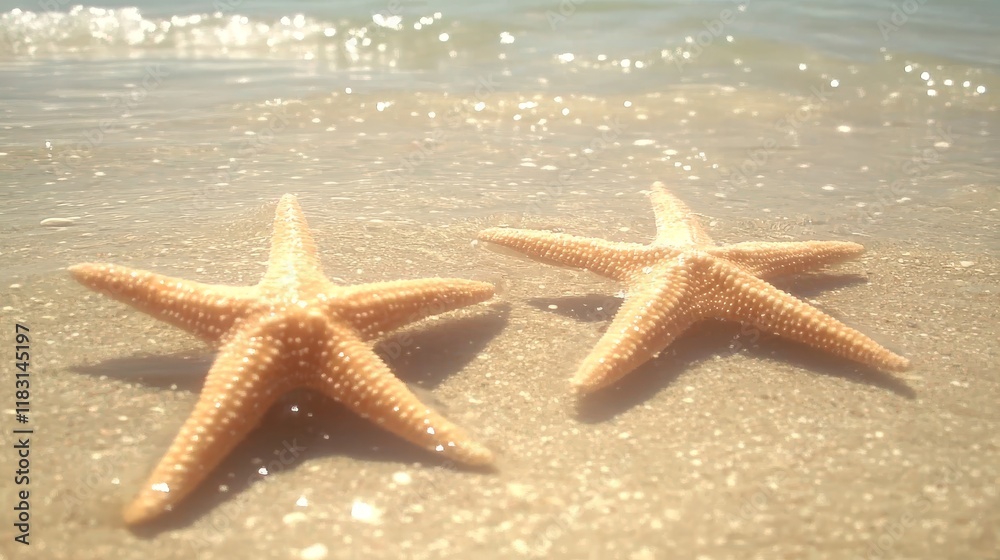 Two Starfish on Sandy Beach Near Ocean Waves Two Starfish on Sandy Beach Near Ocean Waves