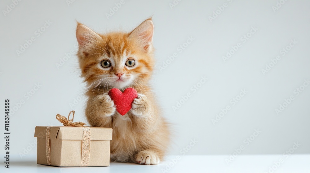 Adorable kitten holding a small heart and sitting beside a gift box, highlighted on a bright white background for a simple and cute design Adorable kitten holding a small heart and sitting beside a gift box, highlighted on a bright white background for a simple and cute design