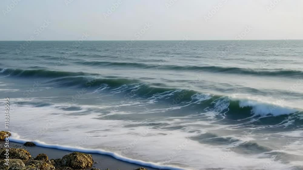 Ocean Waves Crashing on Rocky Shore