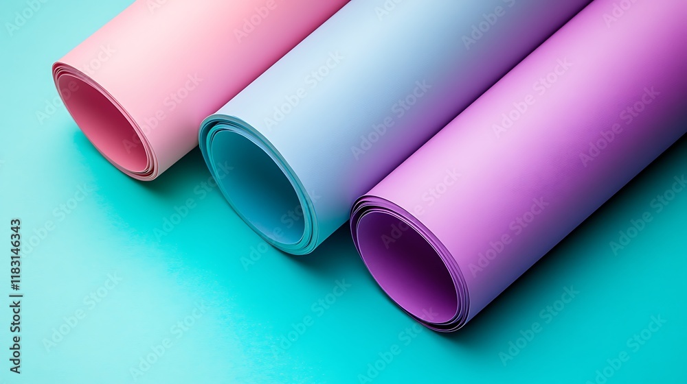 Pastel colored paper rolls arranged on a teal background Pastel colored paper rolls arranged on a teal background