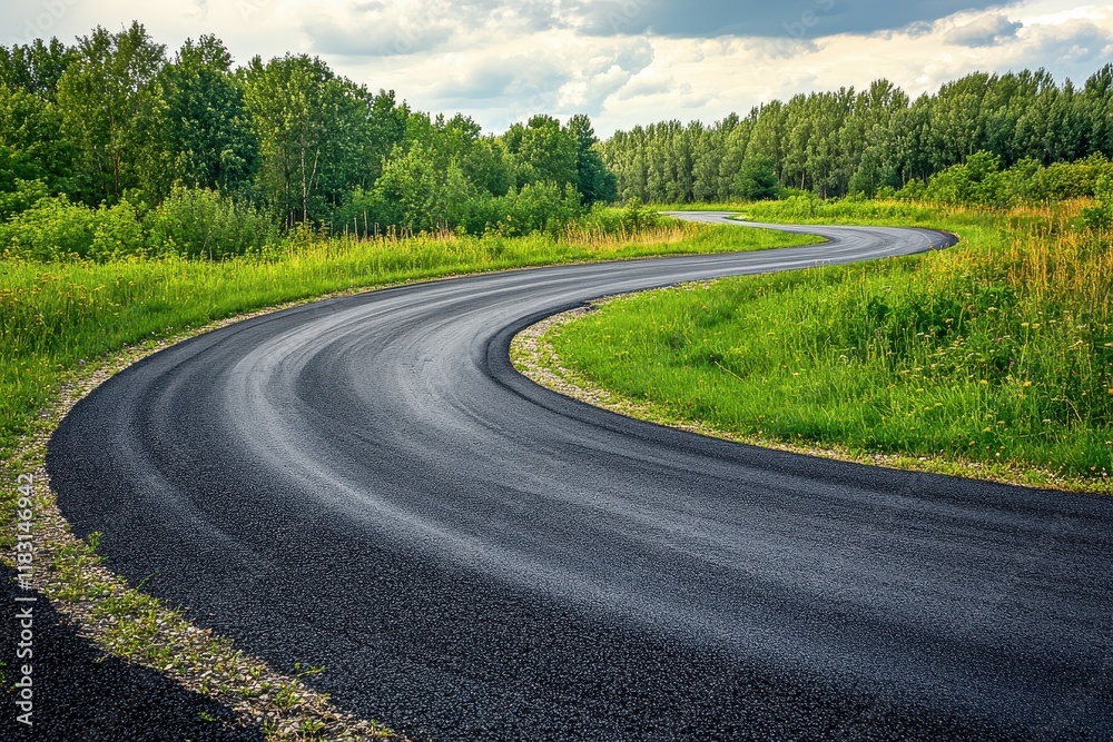 Fototapeta premium Winding asphalt road curves through summer forest
