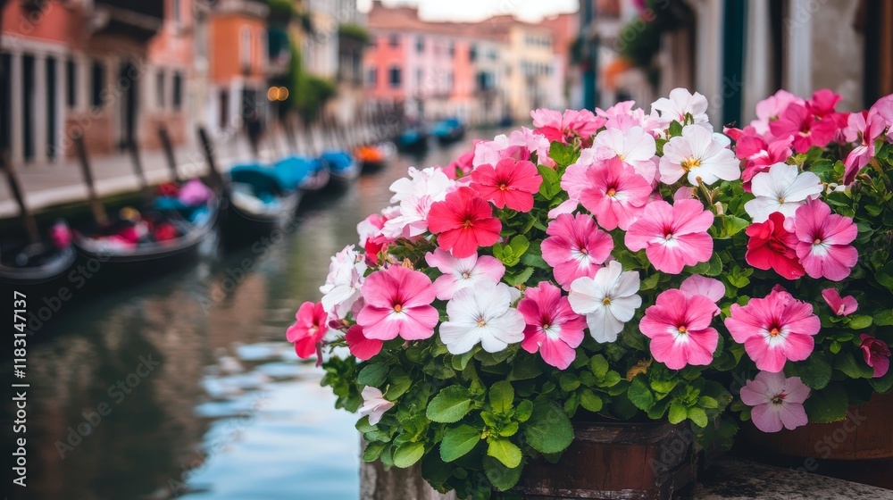 Fototapeta premium Venetian Canal Gondolas Pink Flowers Scenic View