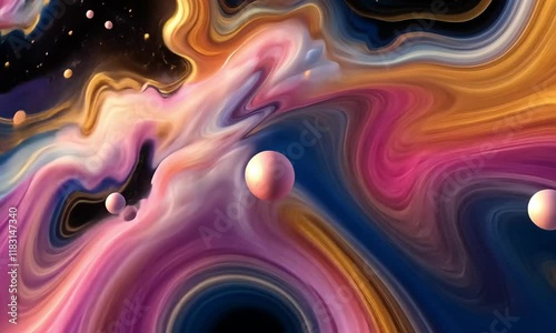 3D Animation of A digital illustration of a swirling galaxy with pink, blue, and gold colors, along with numerous small spheres and bubbles. Video background