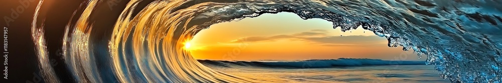 Obraz premium Majestic rolling ocean waves under the golden sunlight with stunning high-definition details and perfect panoramic composition, showcasing the beauty of nature and the power of the sea.