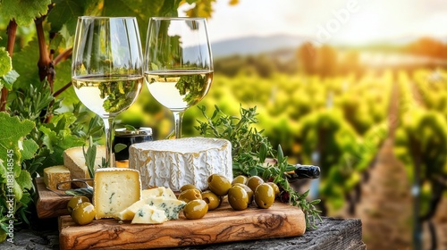 Wine and cheese pairing in a vineyard setting at sunset.