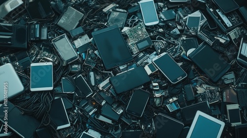 A chaotic pile of discarded electronic devices, including smartphones, laptops, and cables, symbolizing the growing issue of e-waste pollution and its environmental impact