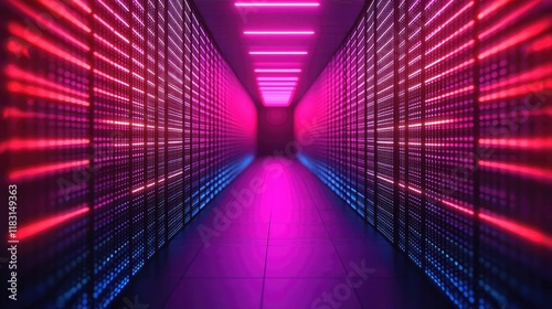 Matrix abstract background idea. Vibrant corridor showcasing neon lights reflecting off data storage units.