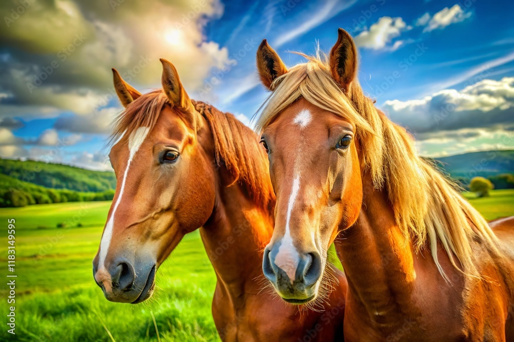 Obraz premium Majestic Horse Duo: Two Horses Grazing in a Lush Meadow, Sunny Day