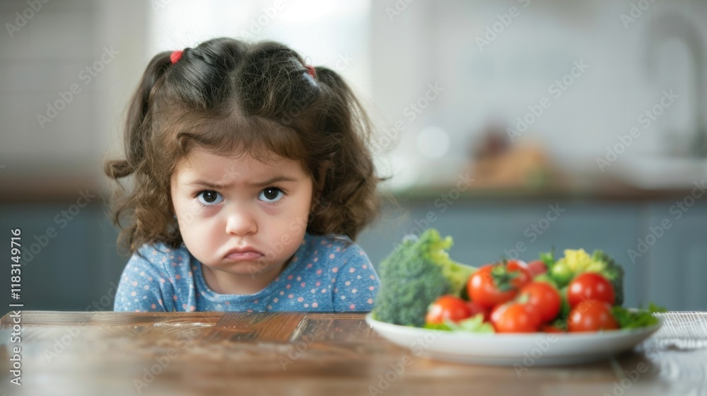 Child looks disappointed while sitting at the table with vegetables in front, conveying a sense of reluctance during meal time Child looks disappointed while sitting at the table with vegetables in front, conveying a sense of reluctance during meal time
