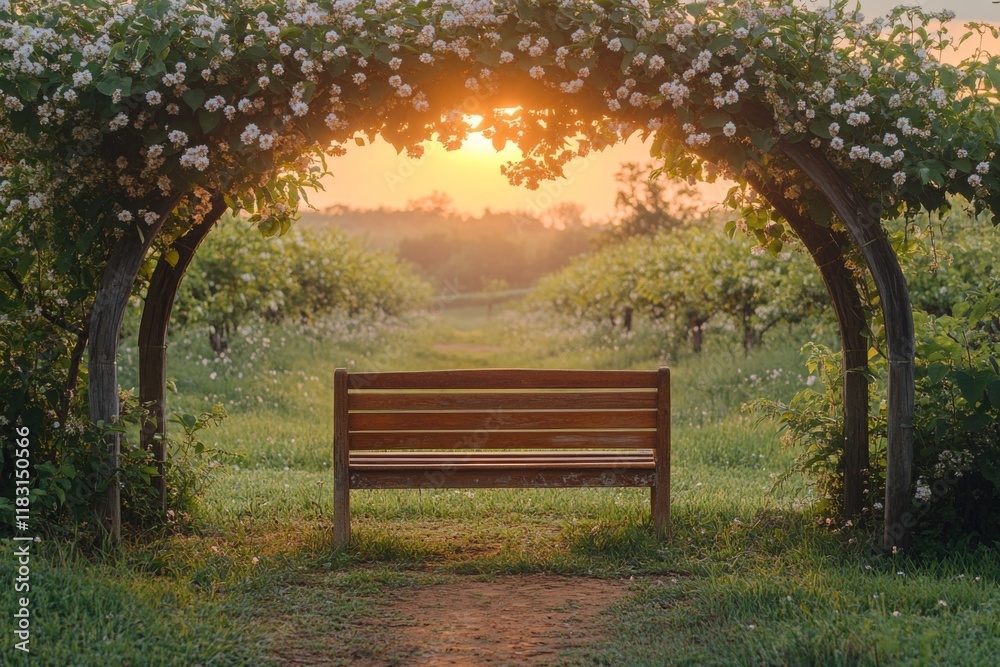 Wooden bench under blooming archway with morning sunlight Wooden bench under blooming archway with morning sunlight