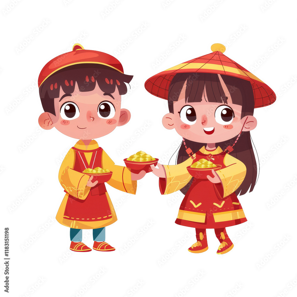 Two children in traditional Chinese clothing holding bowls of gold coins. Two children in traditional Chinese clothing holding bowls of gold coins.