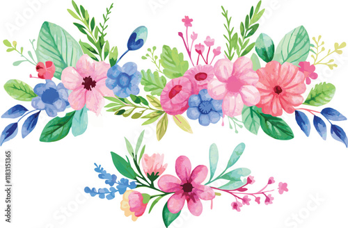Watercolor Floral Border with Pink and Blue Flowers