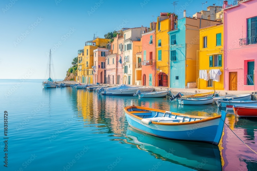 Colorful houses and boats reflected in calm water of coastal town
