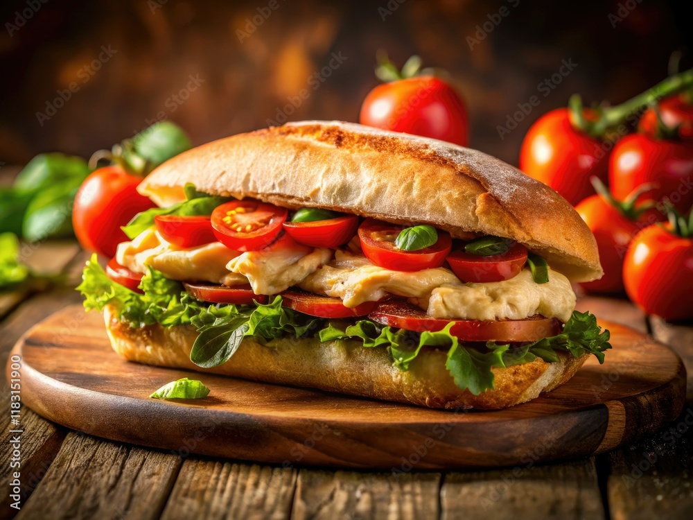 Long exposure captures a juicy chicken and tomato ciabatta panini, showcasing its texture and vibrant colors. Long exposure captures a juicy chicken and tomato ciabatta panini, showcasing its texture and vibrant colors.