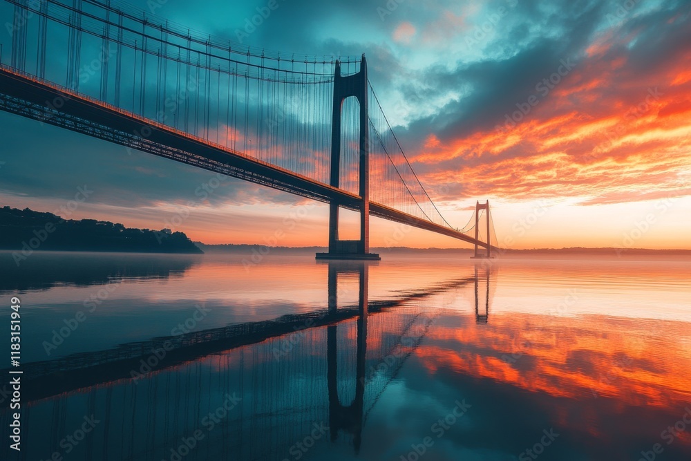Fototapeta premium Suspension bridge during sunset with colorful sky and calm water