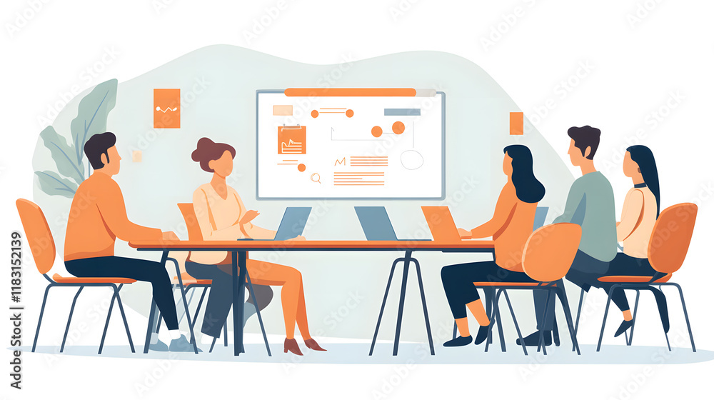 A team of diverse professionals collaborates around a table, engaged in a presentation displayed on a whiteboard. A team of diverse professionals collaborates around a table, engaged in a presentation displayed on a whiteboard.