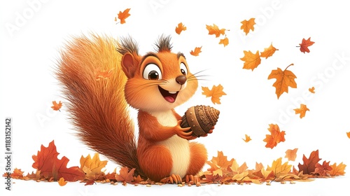 a 2D cartoon illustration of a joyful squirrel holding an acorn, autumn vibes, white background--ar 16:9 photo