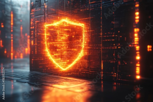 Digital shield glowing in orange light symbolizing cybersecurity