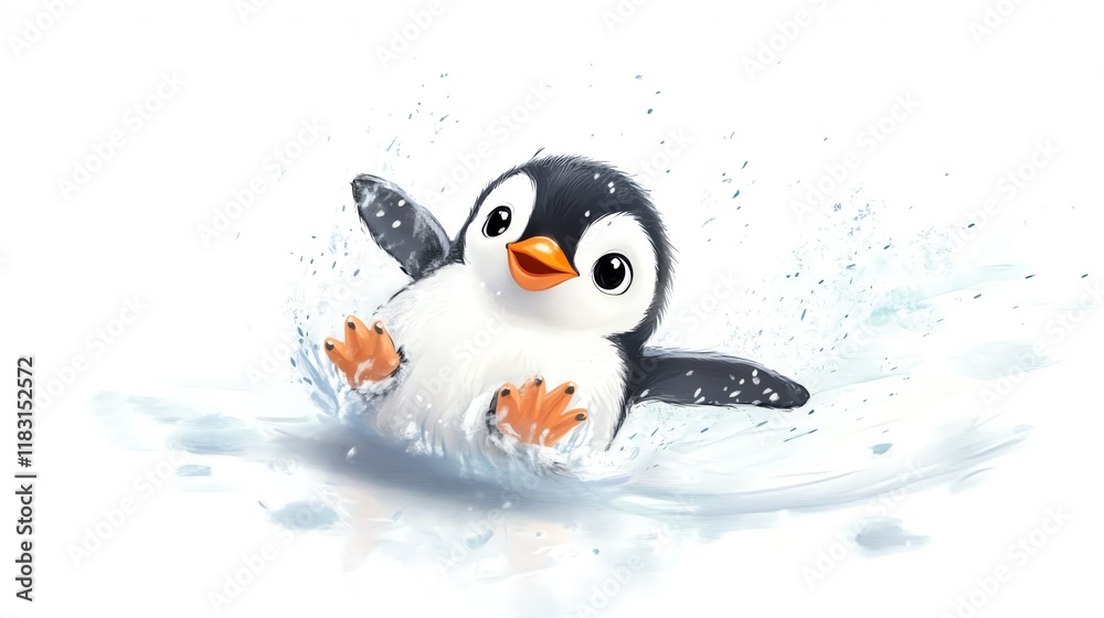 Fototapeta premium a 2D cartoon illustration of a cute penguin sliding on ice, winter vibes, white background--ar 16:9