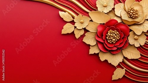Elegant Red and Gold Floral Design with Leaves and Curves