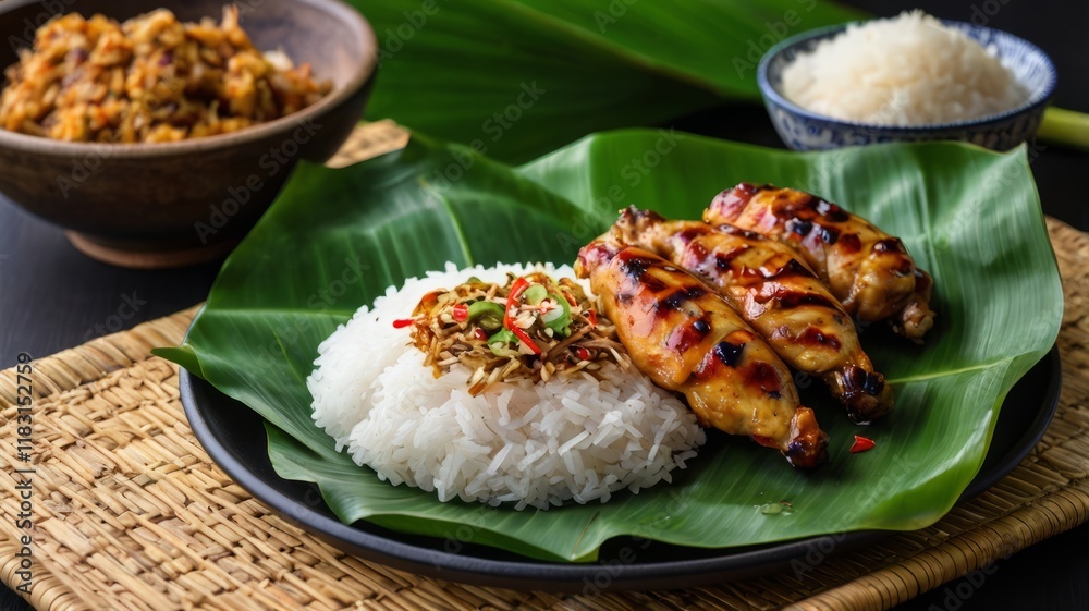 Aromatic Thai grilled chicken, nestled on a fragrant banana leaf, is the perfect companion to our signature sticky rice. Aromatic Thai grilled chicken, nestled on a fragrant banana leaf, is the perfect companion to our signature sticky rice.